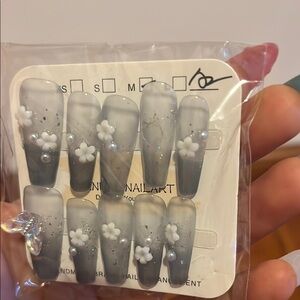 Coffin Gray Floral Nails